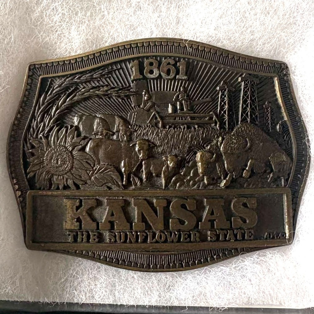 Vintage Kansas The Sunflower State Belt Buckle Solid Brass Award Design Medals